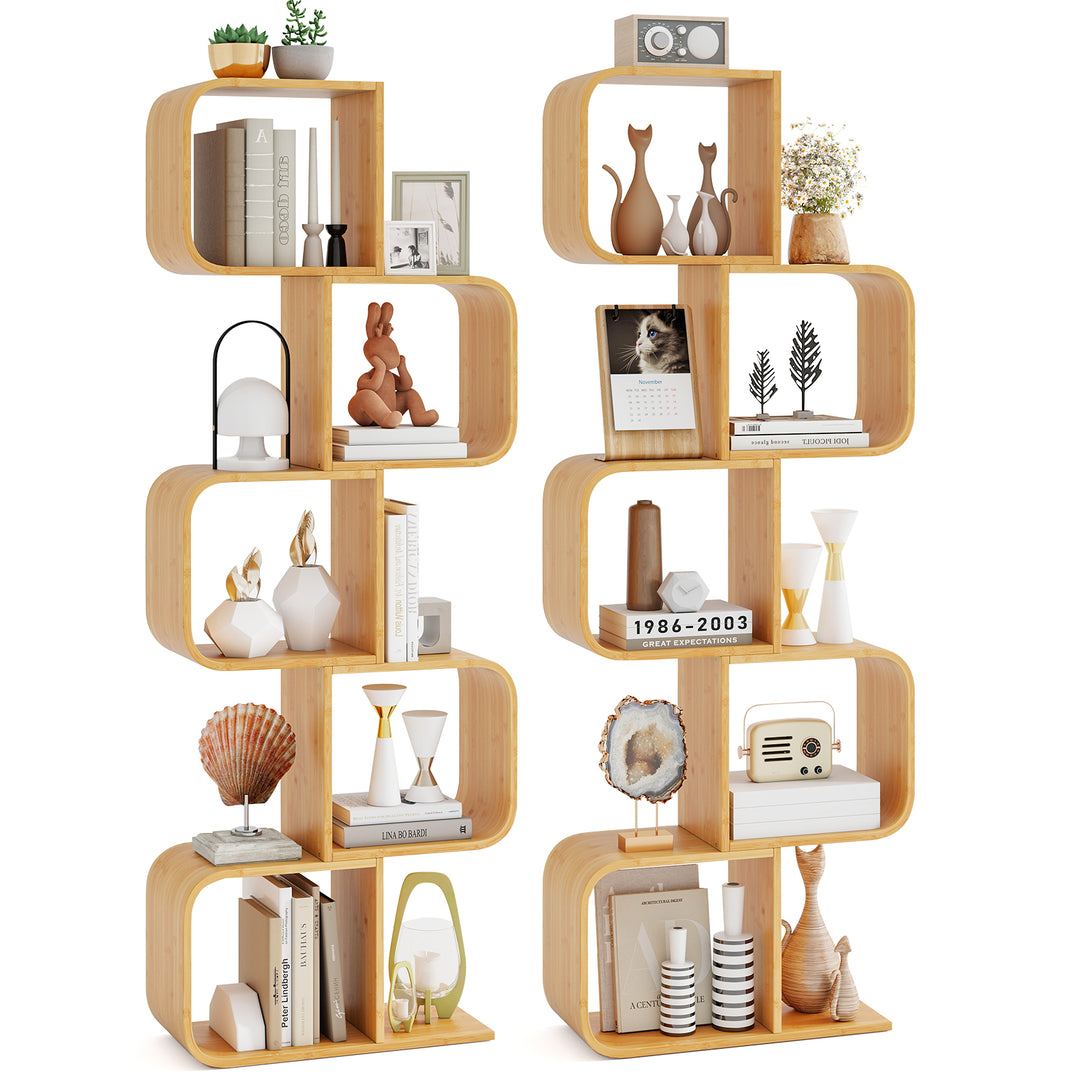 Giantex S-Shaped Bookcase, 2-Tier Bamboo Bookshelf with 2 Open Cubes, Geometric Corner Display Shelf