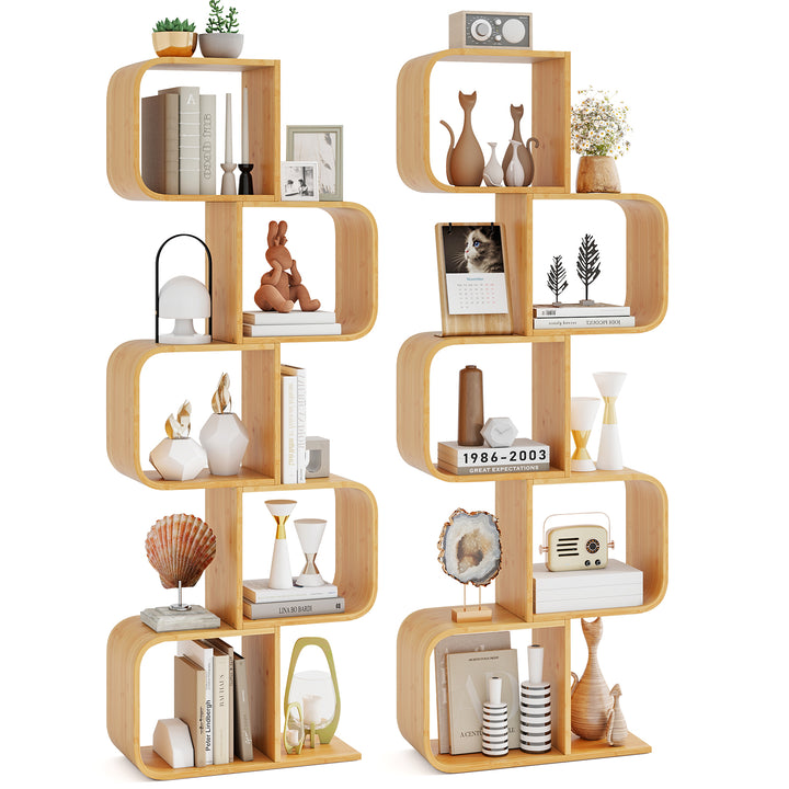 Giantex S-Shaped Bookcase, 2-Tier Bamboo Bookshelf with 2 Open Cubes, Geometric Corner Display Shelf