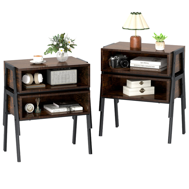 Giantex Stackable End Table Set of 2, Compact Nightstands w/Metal Frame & Open Compartments