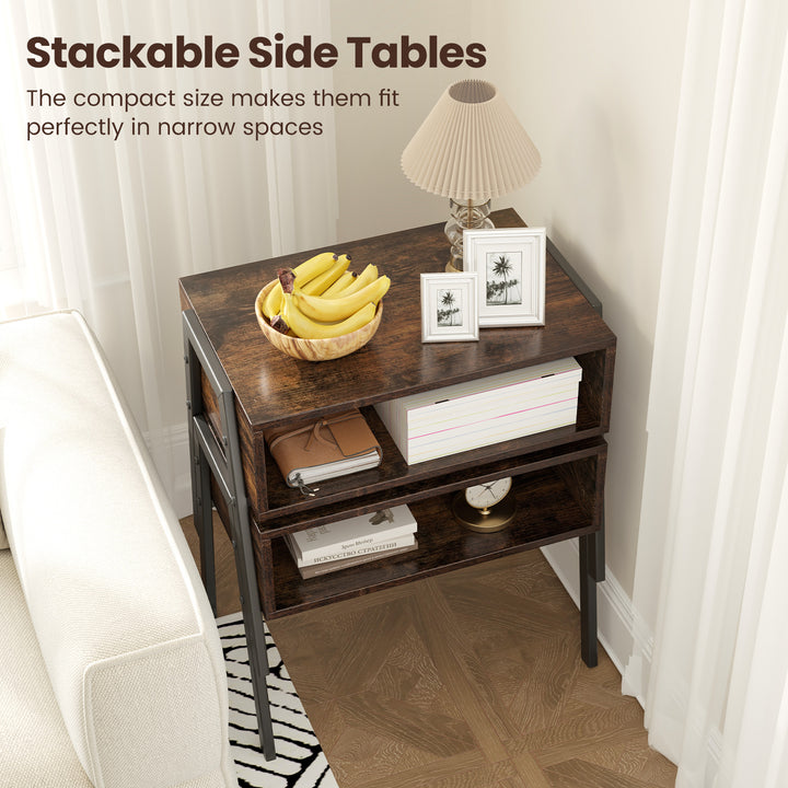 Giantex Stackable End Table Set of 2, Compact Nightstands w/Metal Frame & Open Compartments