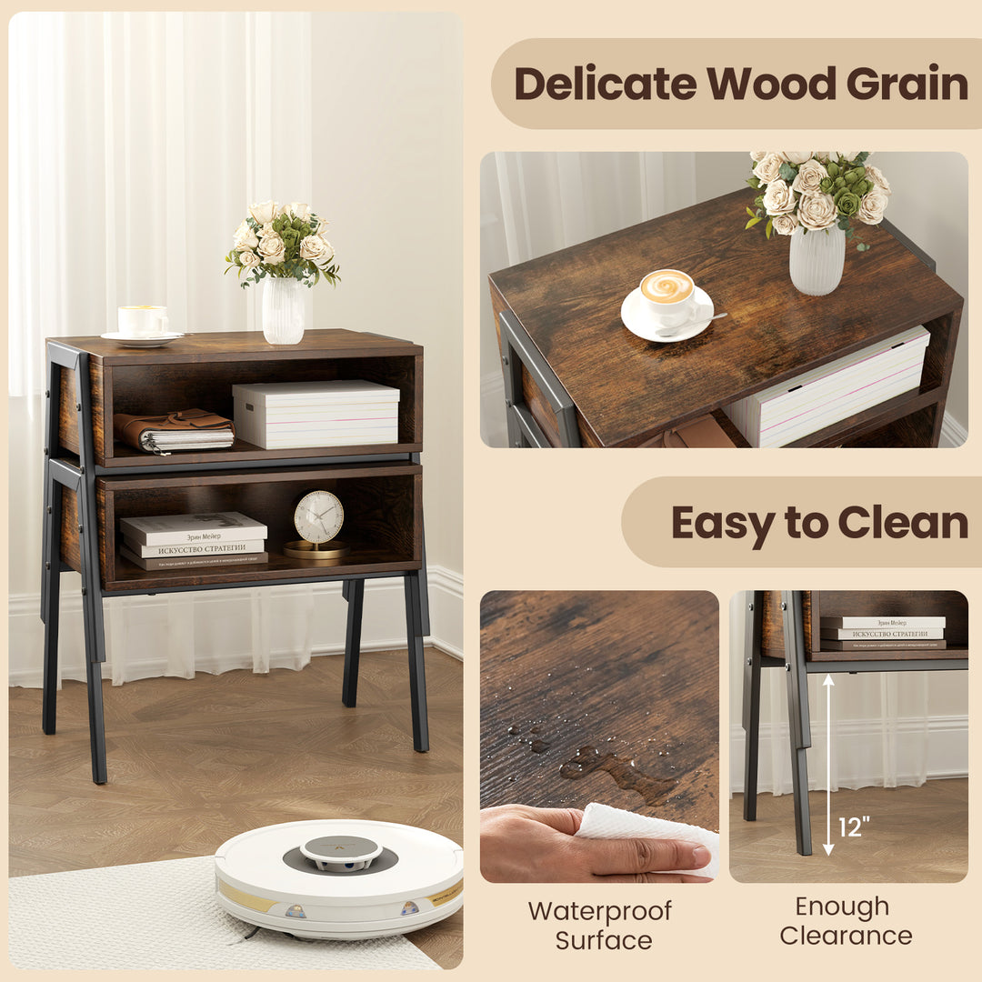 Giantex Stackable End Table Set of 2, Compact Nightstands w/Metal Frame & Open Compartments