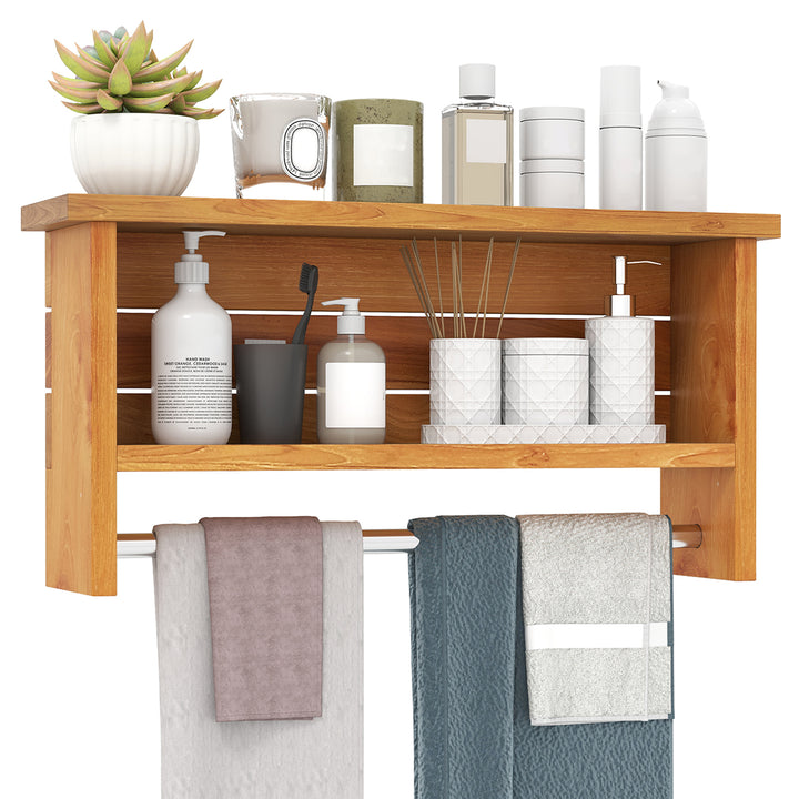 Giantex 3 Tier Solid Teak Wood Bathroom Shelf with Towel Bar