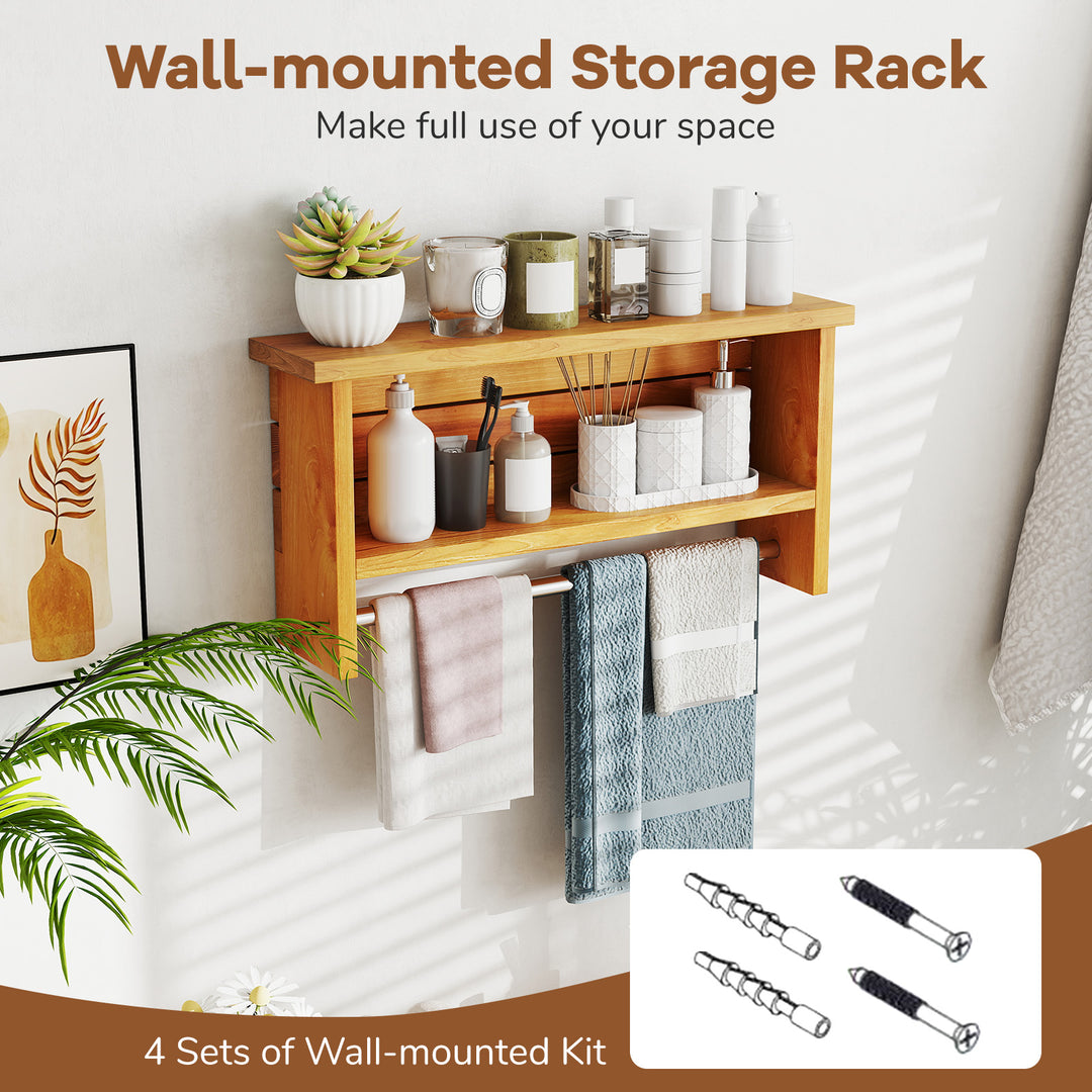Giantex 3 Tier Solid Teak Wood Bathroom Shelf with Towel Bar