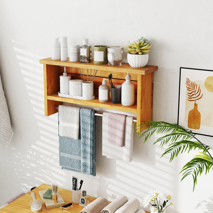 Giantex 3 Tier Solid Teak Wood Bathroom Shelf with Towel Bar
