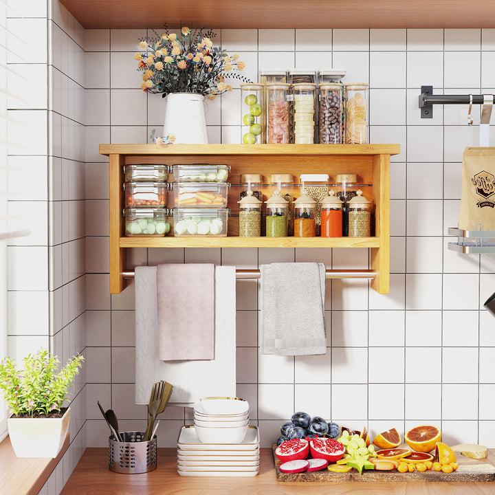 Giantex 3 Tier Solid Teak Wood Bathroom Shelf with Towel Bar