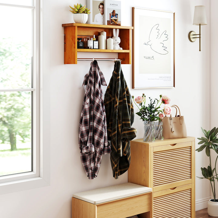 Giantex 3 Tier Solid Teak Wood Bathroom Shelf with Towel Bar