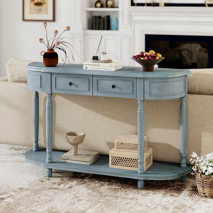 Giantex Console Table with Storage, 52” Long Sofa Table with 2 Drawers, Open Shelf, Solid Wood Legs