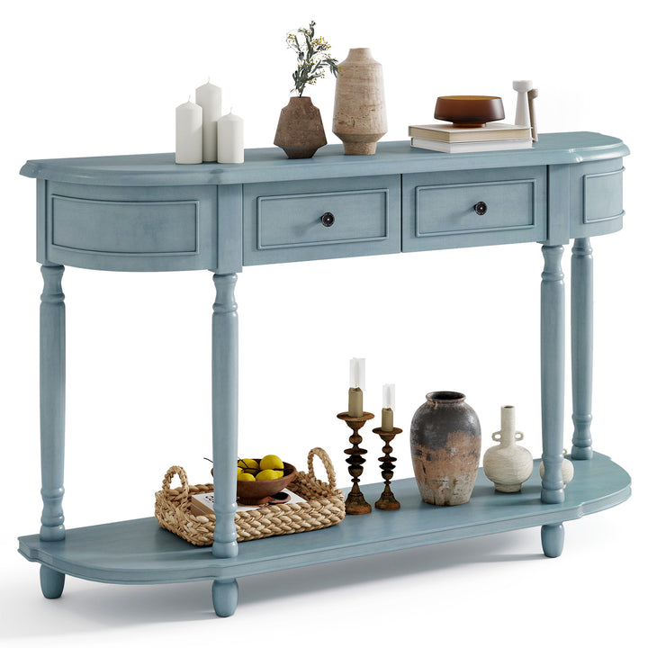 Giantex Console Table with Storage, 52” Long Sofa Table with 2 Drawers, Open Shelf, Solid Wood Legs