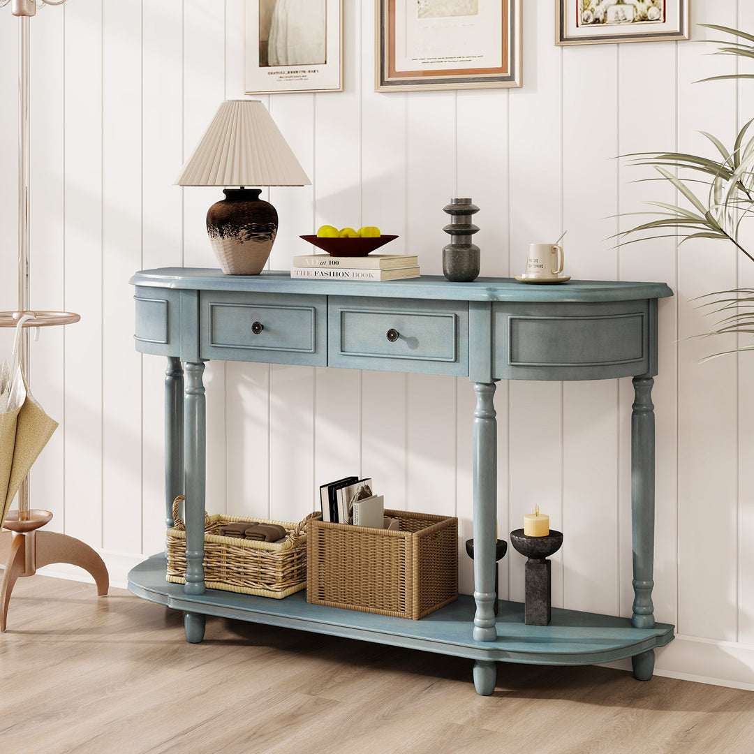 Giantex Console Table with Storage, 52” Long Sofa Table with 2 Drawers, Open Shelf, Solid Wood Legs