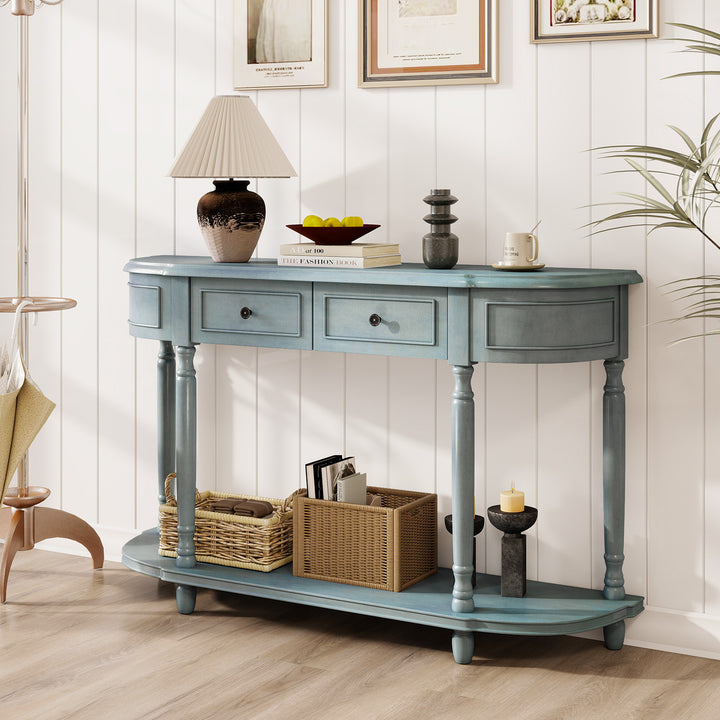 Giantex Console Table with Storage, 52” Long Sofa Table with 2 Drawers, Open Shelf, Solid Wood Legs