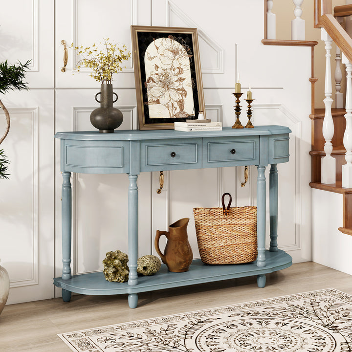 Giantex Console Table with Storage, 52” Long Sofa Table with 2 Drawers, Open Shelf, Solid Wood Legs
