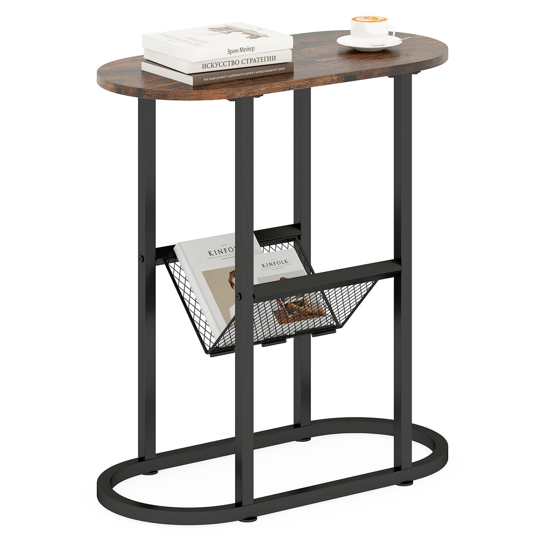 Giantex Oval Narrow Side Table, Small End Table with Magazine Rack Sling Holder Pouch