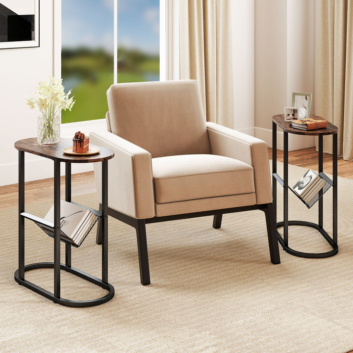 Giantex Oval Narrow Side Table, Small End Table with Magazine Rack Sling Holder Pouch