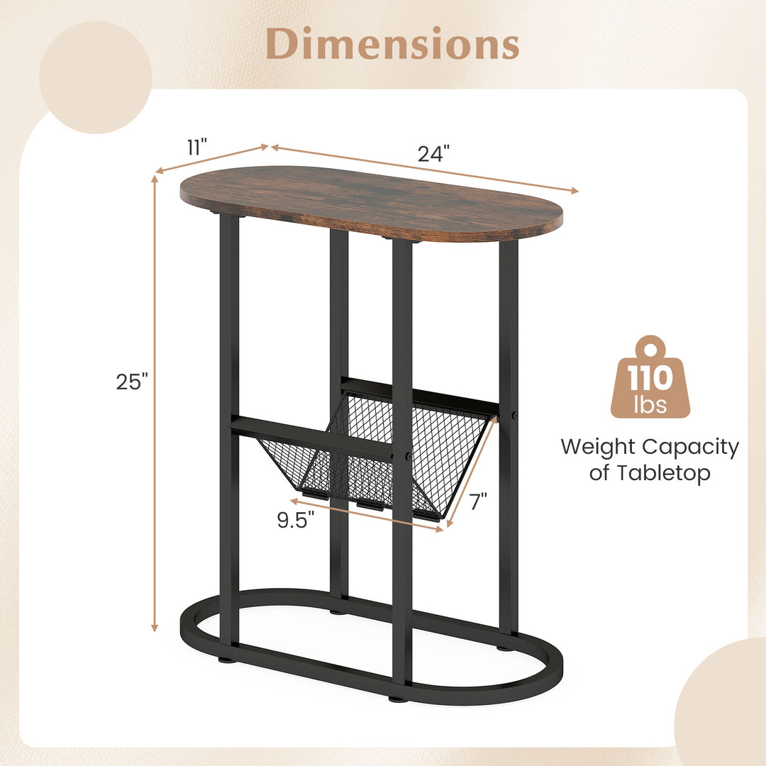 Giantex Oval Narrow Side Table, Small End Table with Magazine Rack Sling Holder Pouch