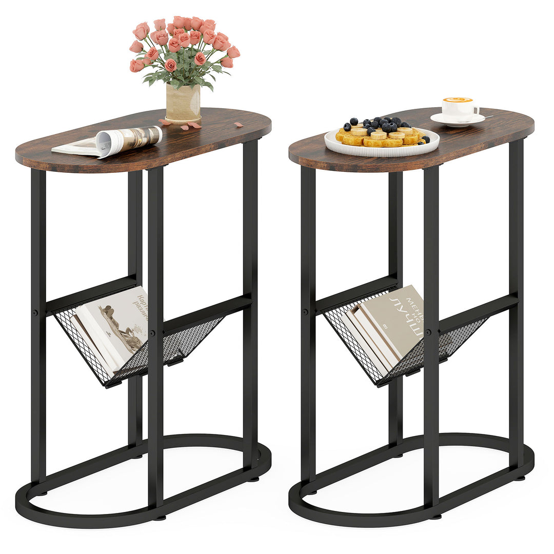 Giantex Oval Narrow Side Table, Small End Table with Magazine Rack Sling Holder Pouch