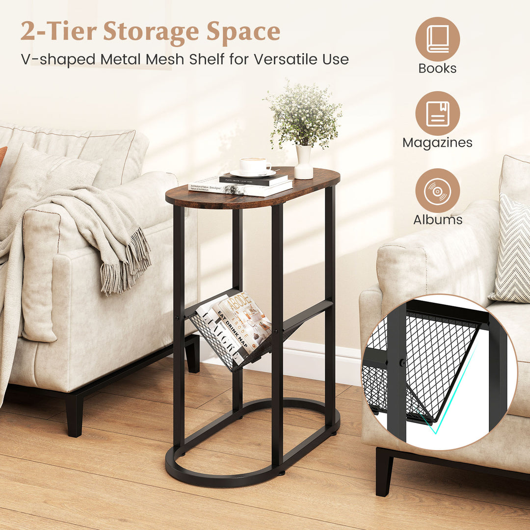 Giantex Oval Narrow Side Table, Small End Table with Magazine Rack Sling Holder Pouch