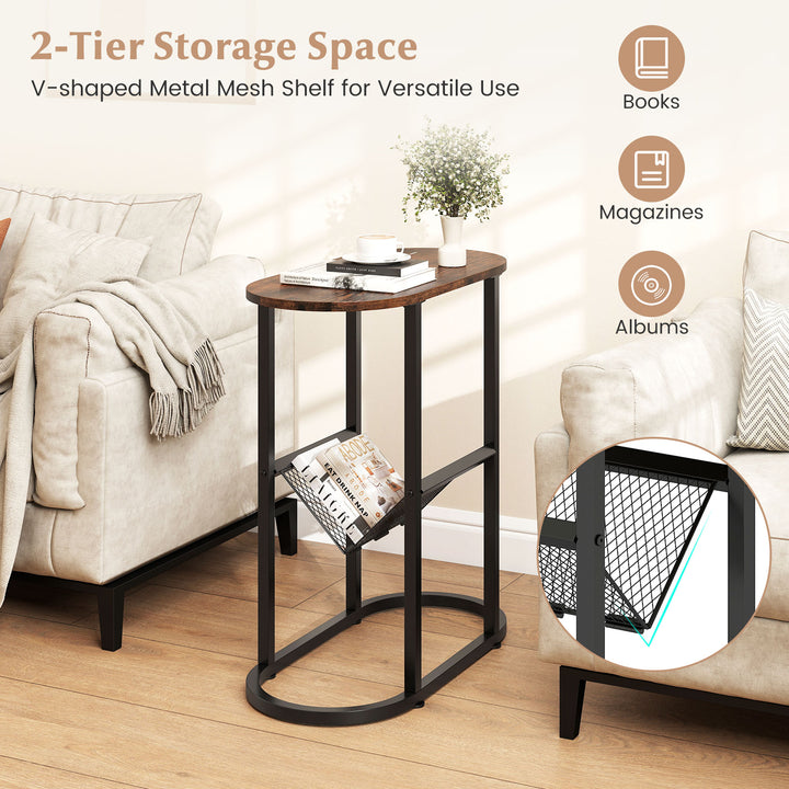 Giantex Oval Narrow Side Table, Small End Table with Magazine Rack Sling Holder Pouch