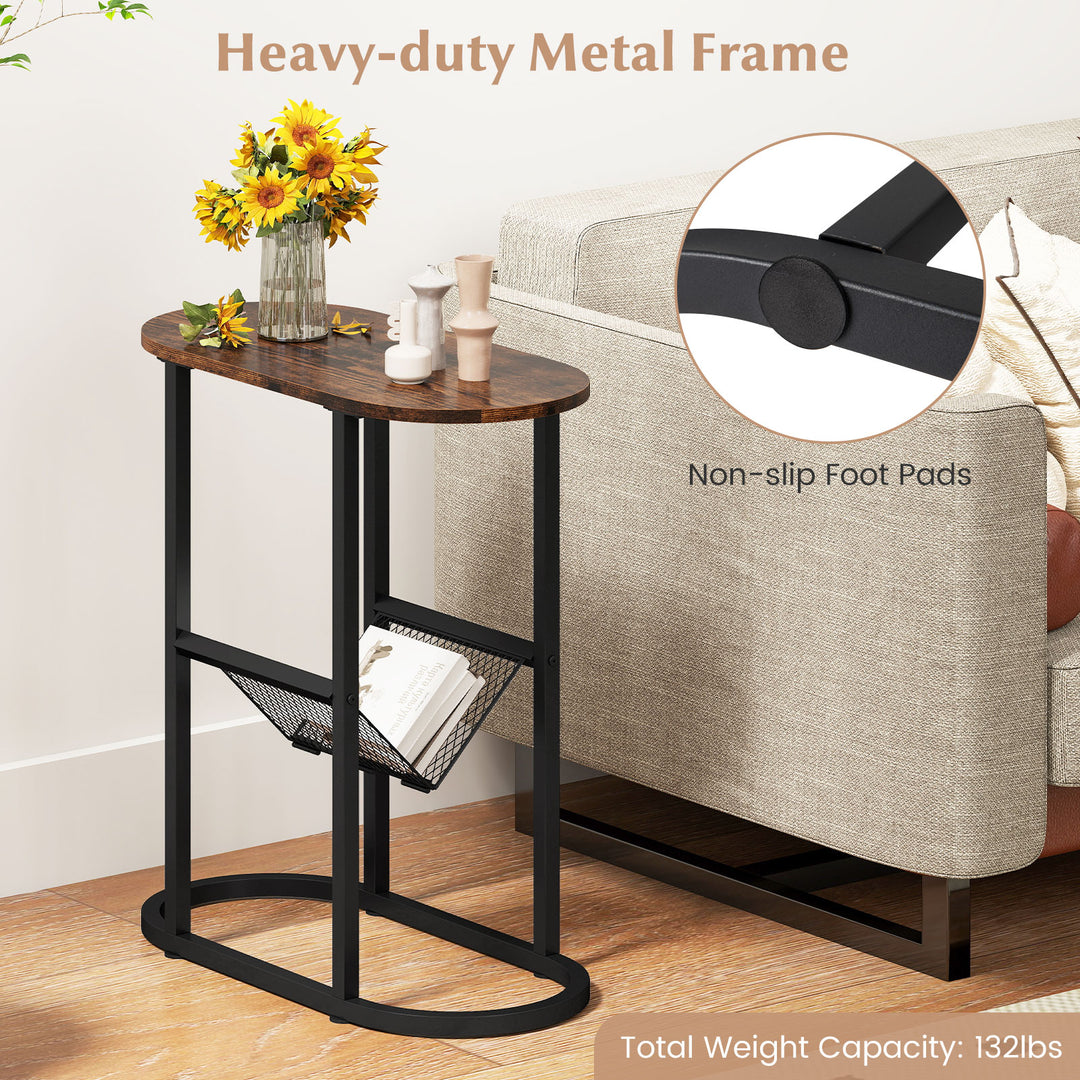 Giantex Oval Narrow Side Table, Small End Table with Magazine Rack Sling Holder Pouch