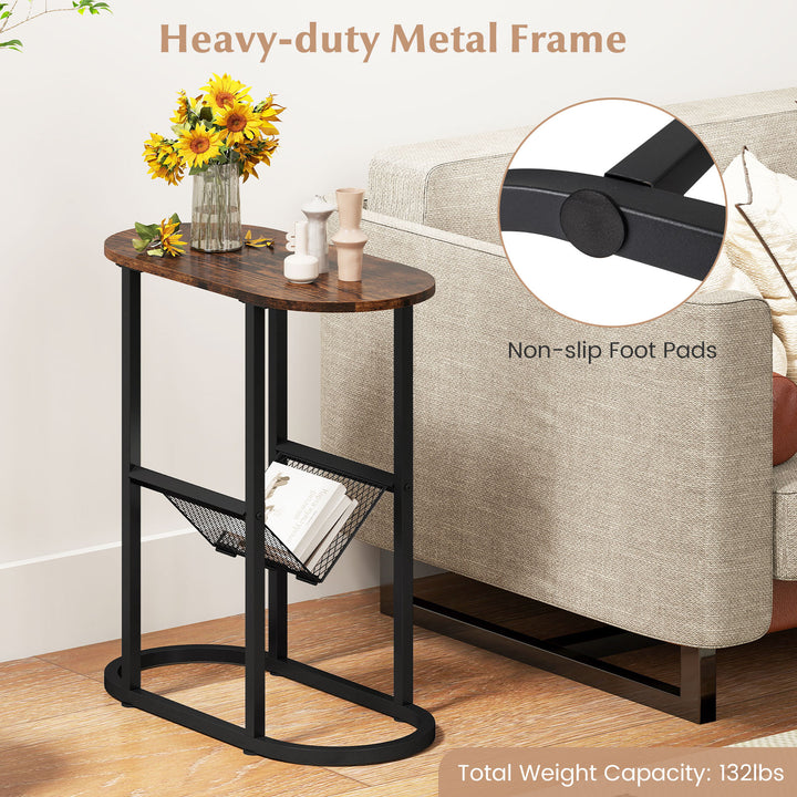 Giantex Oval Narrow Side Table, Small End Table with Magazine Rack Sling Holder Pouch