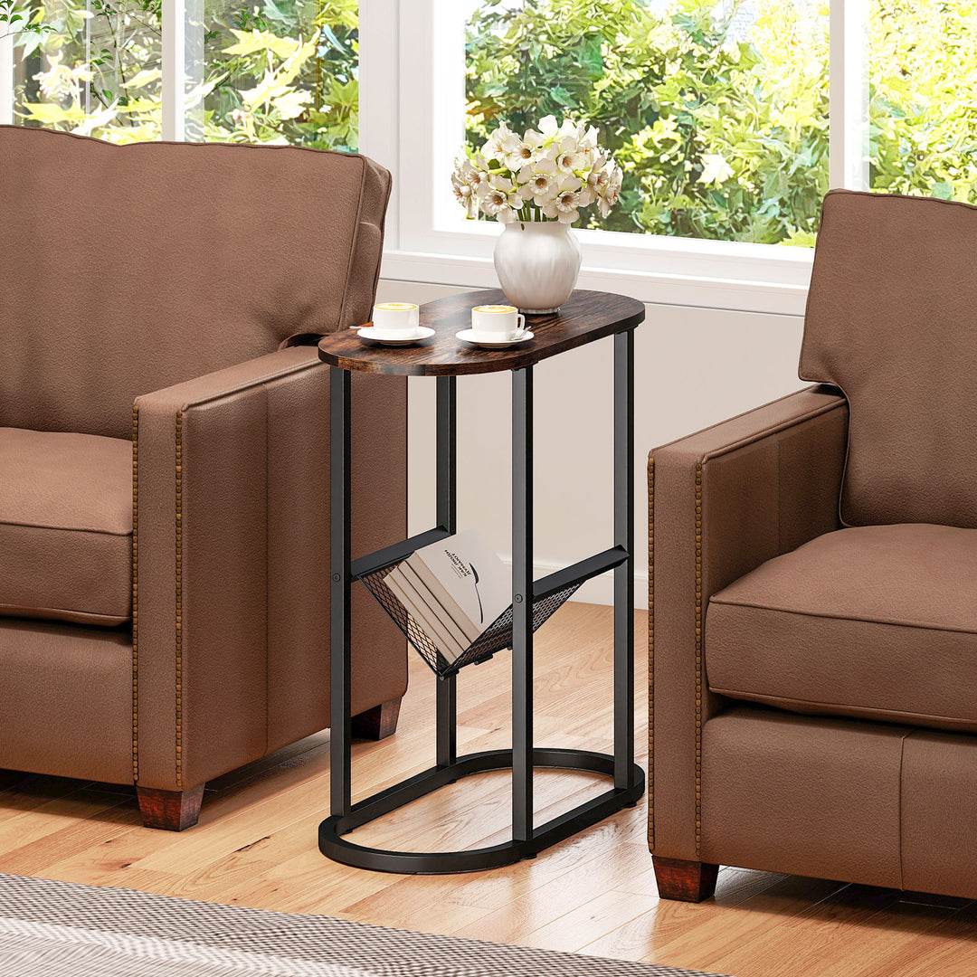 Giantex Oval Narrow Side Table, Small End Table with Magazine Rack Sling Holder Pouch