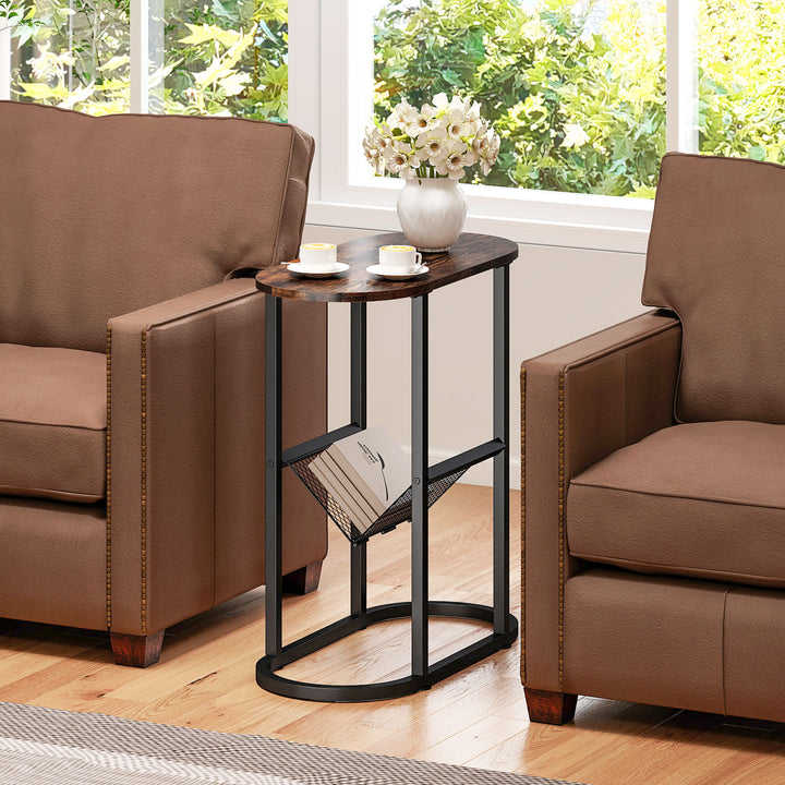 Giantex Oval Narrow Side Table, Small End Table with Magazine Rack Sling Holder Pouch