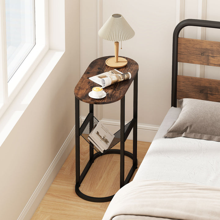 Giantex Oval Narrow Side Table, Small End Table with Magazine Rack Sling Holder Pouch