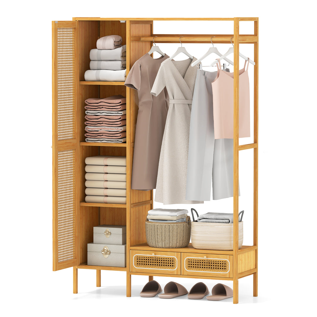 Giantex Bamboo Clothes Rack with Shelves Freestanding Garment Rack with Rattan Door