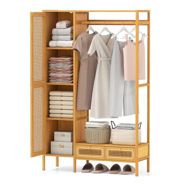 Giantex Bamboo Clothes Rack with Shelves Freestanding Garment Rack with Rattan Door