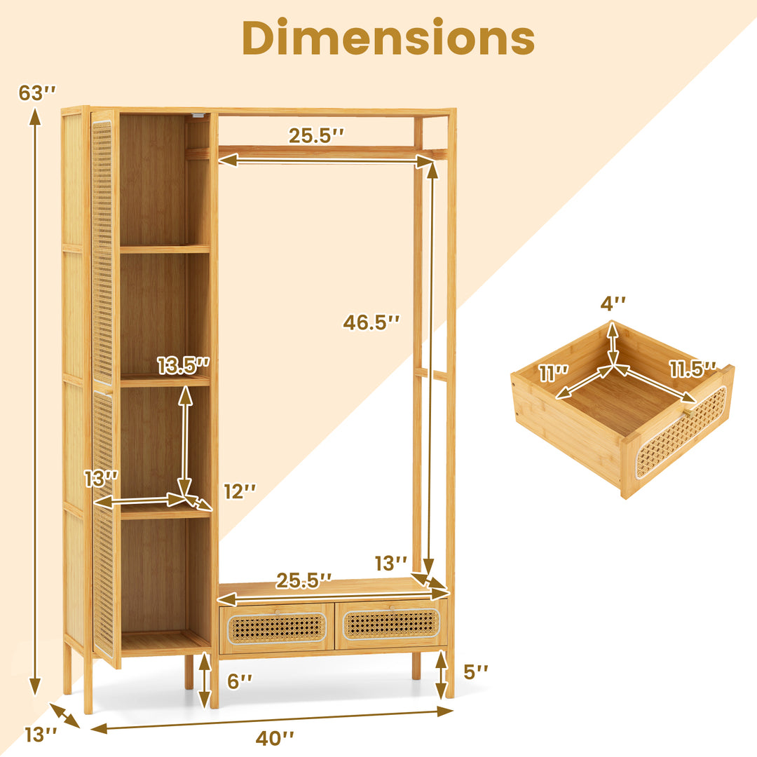 Giantex Bamboo Clothes Rack with Shelves Freestanding Garment Rack with Rattan Door