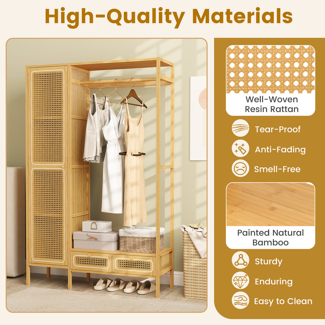 Giantex Bamboo Clothes Rack with Shelves Freestanding Garment Rack with Rattan Door