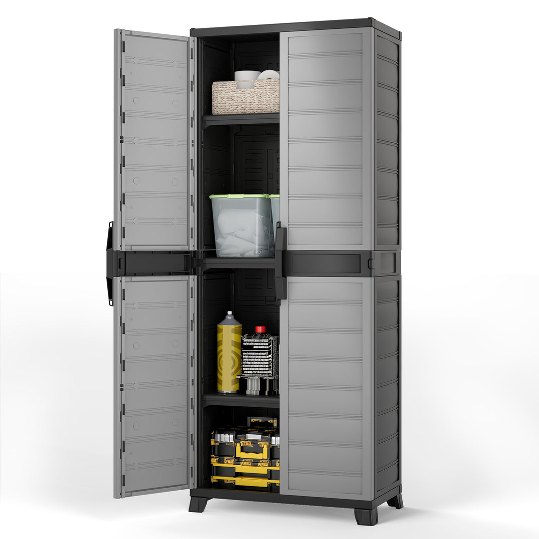 68" Lockable Storage Cabinet, PP Garage Storage Shed with Doors, 3 Adjustable Shelves
