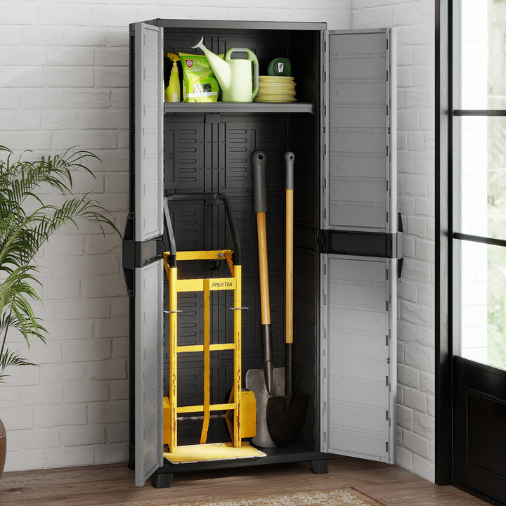 68" Lockable Storage Cabinet, PP Garage Storage Shed with Doors, 3 Adjustable Shelves