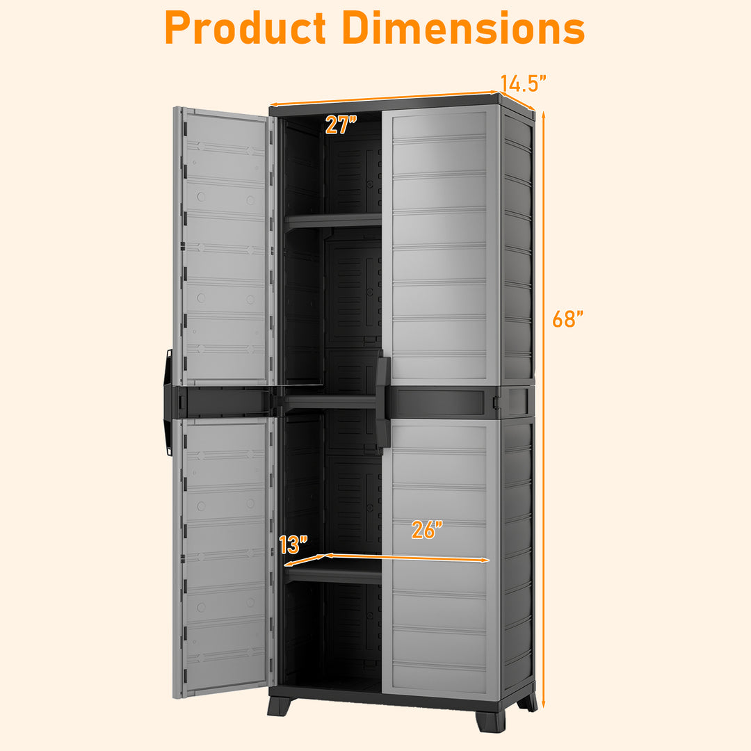 68" Lockable Storage Cabinet, PP Garage Storage Shed with Doors, 3 Adjustable Shelves