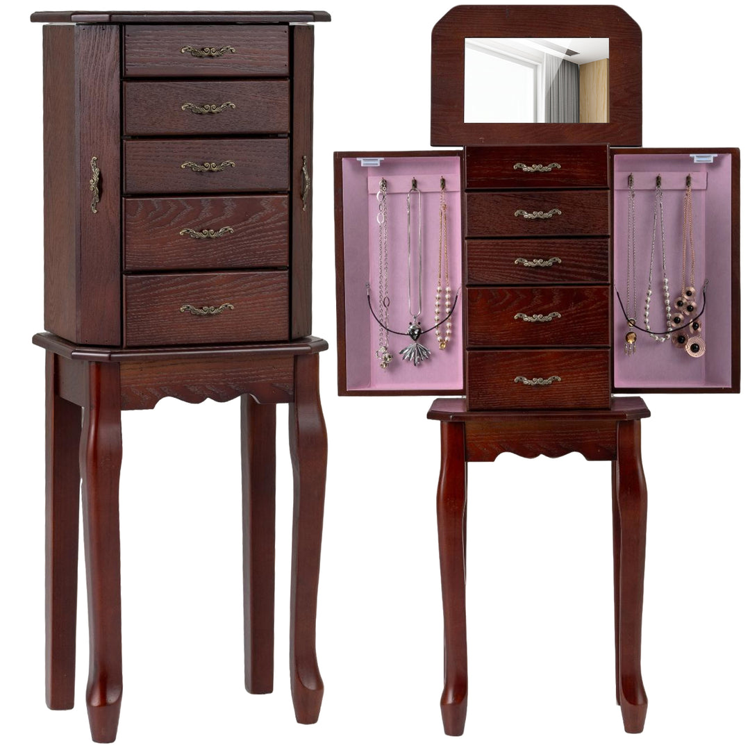 CHARMAID Standing Jewelry Organizer Cabinet with 4 Drawers, Top Storage Tray with Ring Slots, 2 Side Doors
