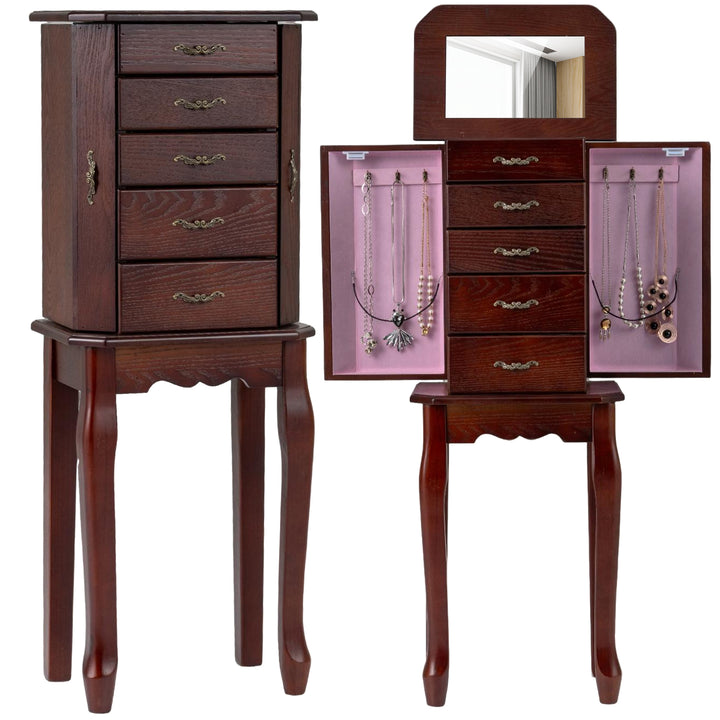 CHARMAID Standing Jewelry Organizer Cabinet with 4 Drawers, Top Storage Tray with Ring Slots, 2 Side Doors
