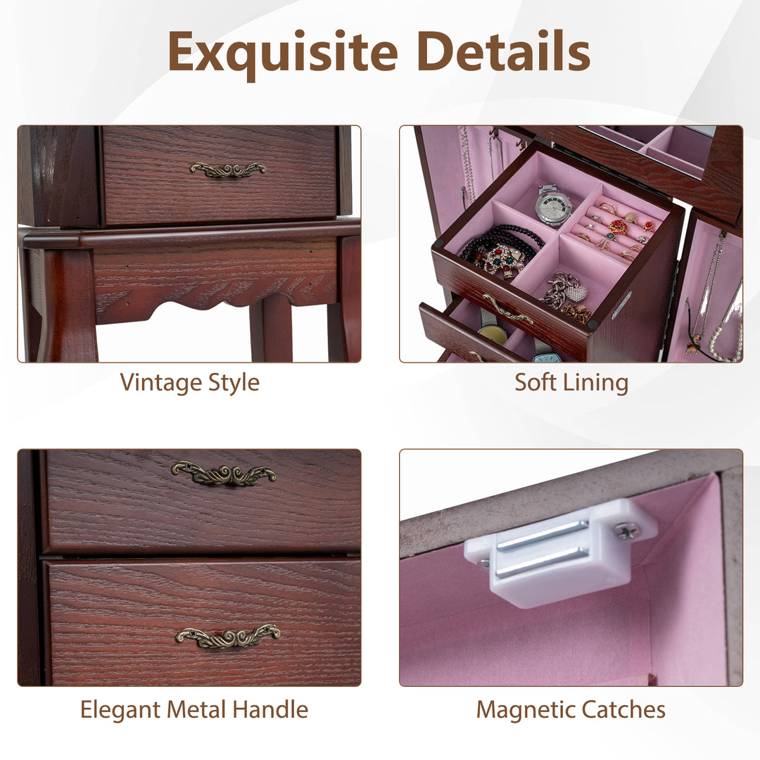 CHARMAID Standing Jewelry Organizer Cabinet with 4 Drawers, Top Storage Tray with Ring Slots, 2 Side Doors