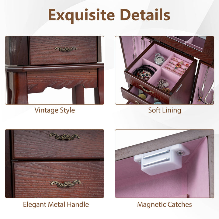 CHARMAID Standing Jewelry Organizer Cabinet with 4 Drawers, Top Storage Tray with Ring Slots, 2 Side Doors