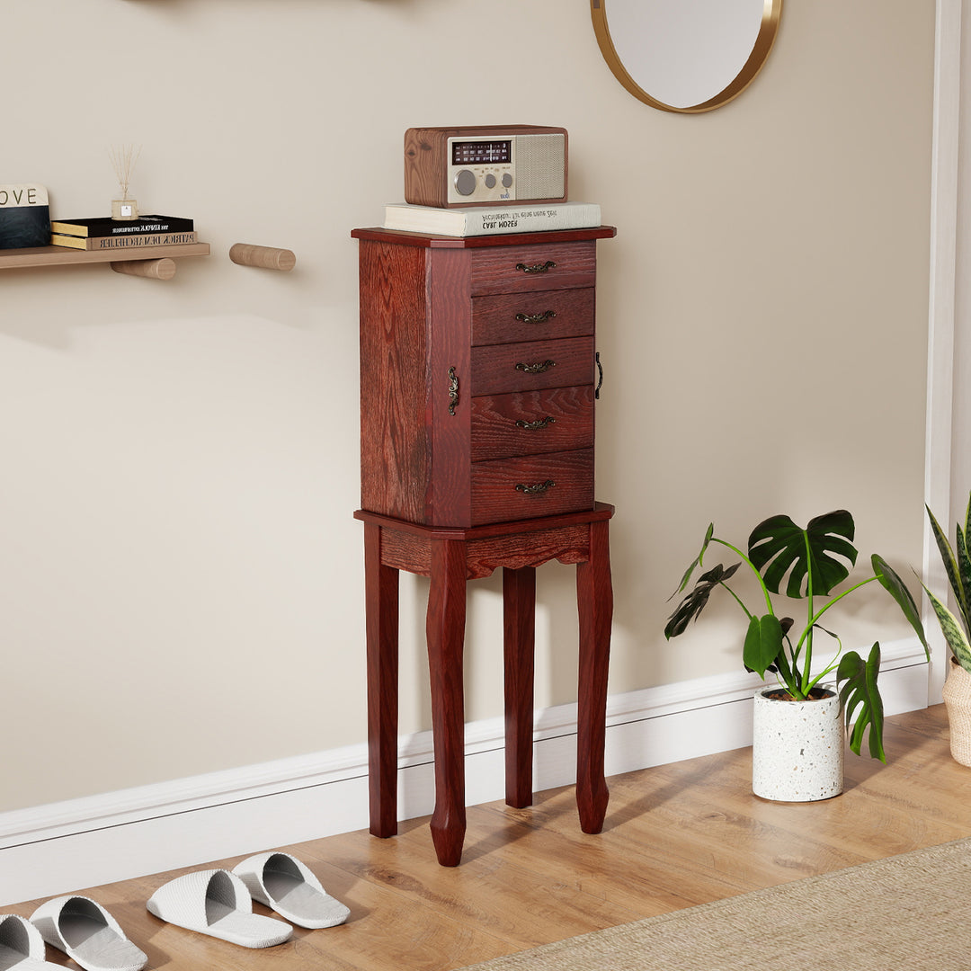 CHARMAID Standing Jewelry Organizer Cabinet with 4 Drawers, Top Storage Tray with Ring Slots, 2 Side Doors