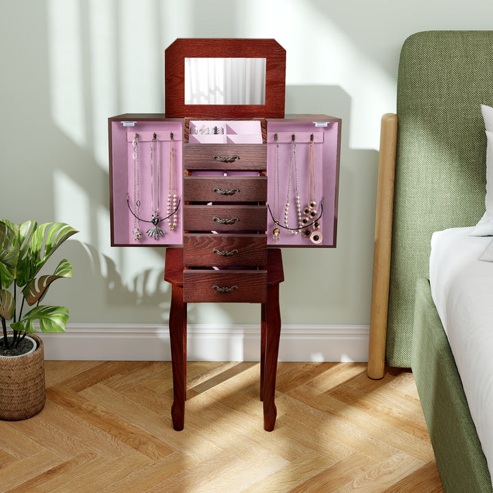 CHARMAID Standing Jewelry Organizer Cabinet with 4 Drawers, Top Storage Tray with Ring Slots, 2 Side Doors