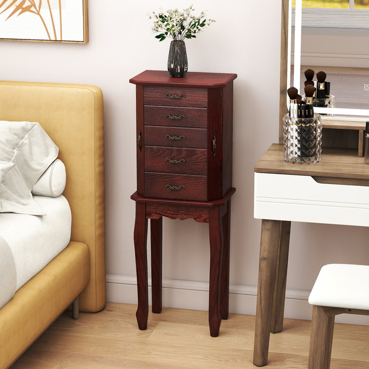 CHARMAID Standing Jewelry Organizer Cabinet with 4 Drawers, Top Storage Tray with Ring Slots, 2 Side Doors