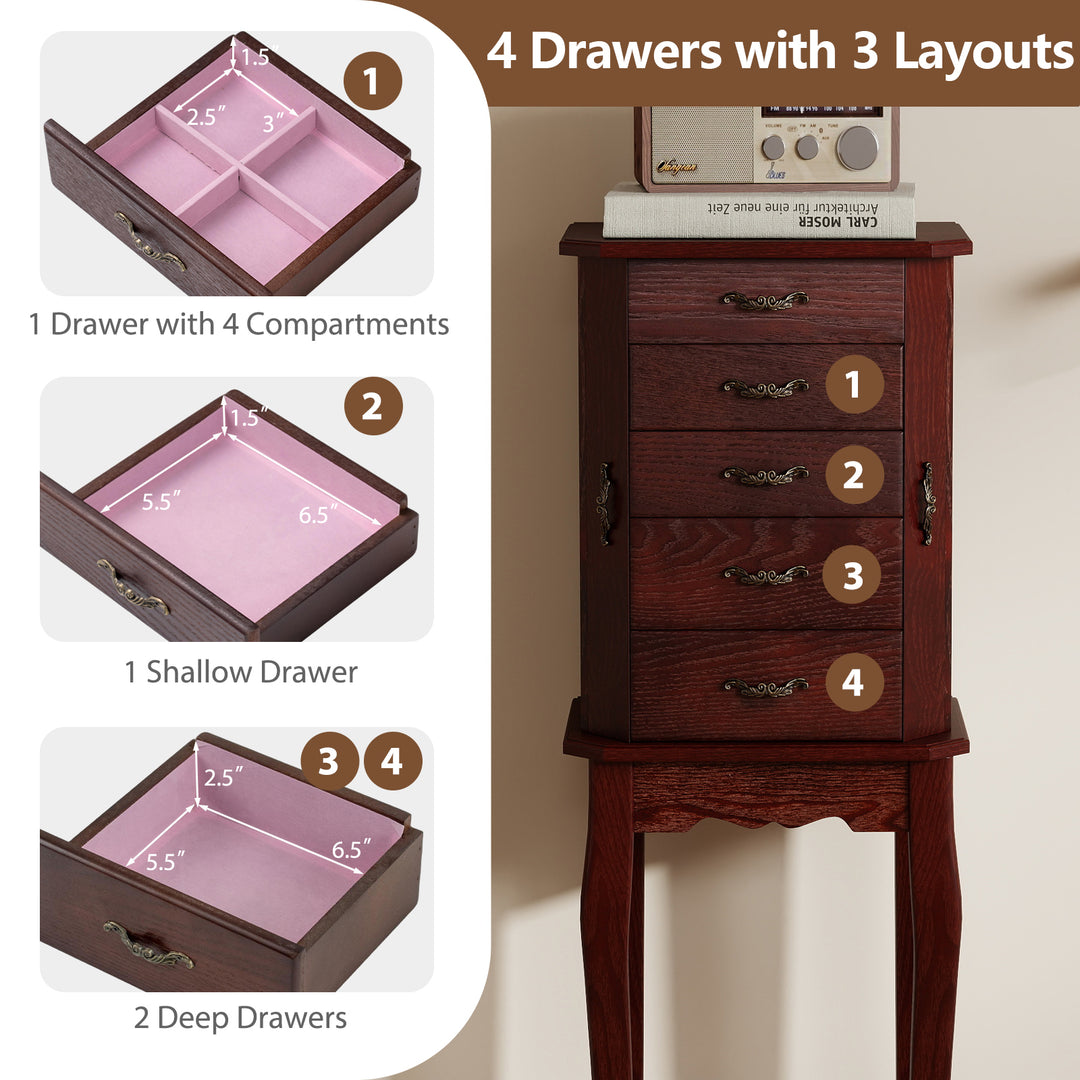 CHARMAID Standing Jewelry Organizer Cabinet with 4 Drawers, Top Storage Tray with Ring Slots, 2 Side Doors