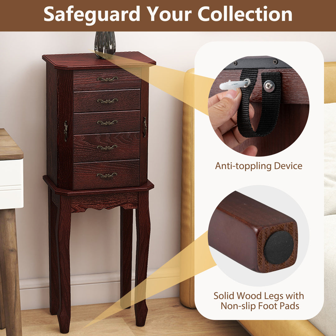 CHARMAID Standing Jewelry Organizer Cabinet with 4 Drawers, Top Storage Tray with Ring Slots, 2 Side Doors