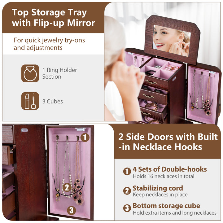 CHARMAID Standing Jewelry Organizer Cabinet with 4 Drawers, Top Storage Tray with Ring Slots, 2 Side Doors