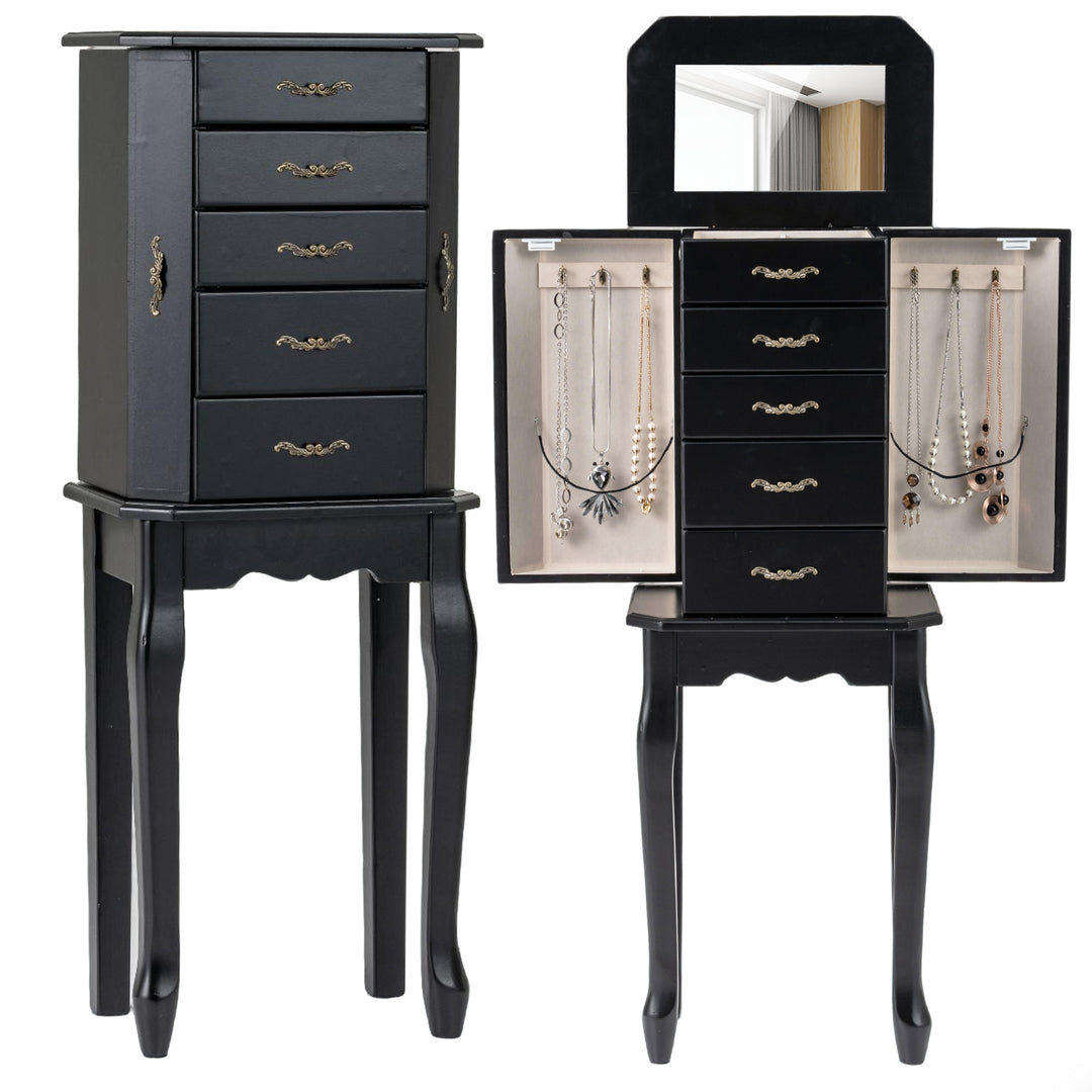 CHARMAID Standing Jewelry Organizer Cabinet with 4 Drawers, Top Storage Tray with Ring Slots, 2 Side Doors