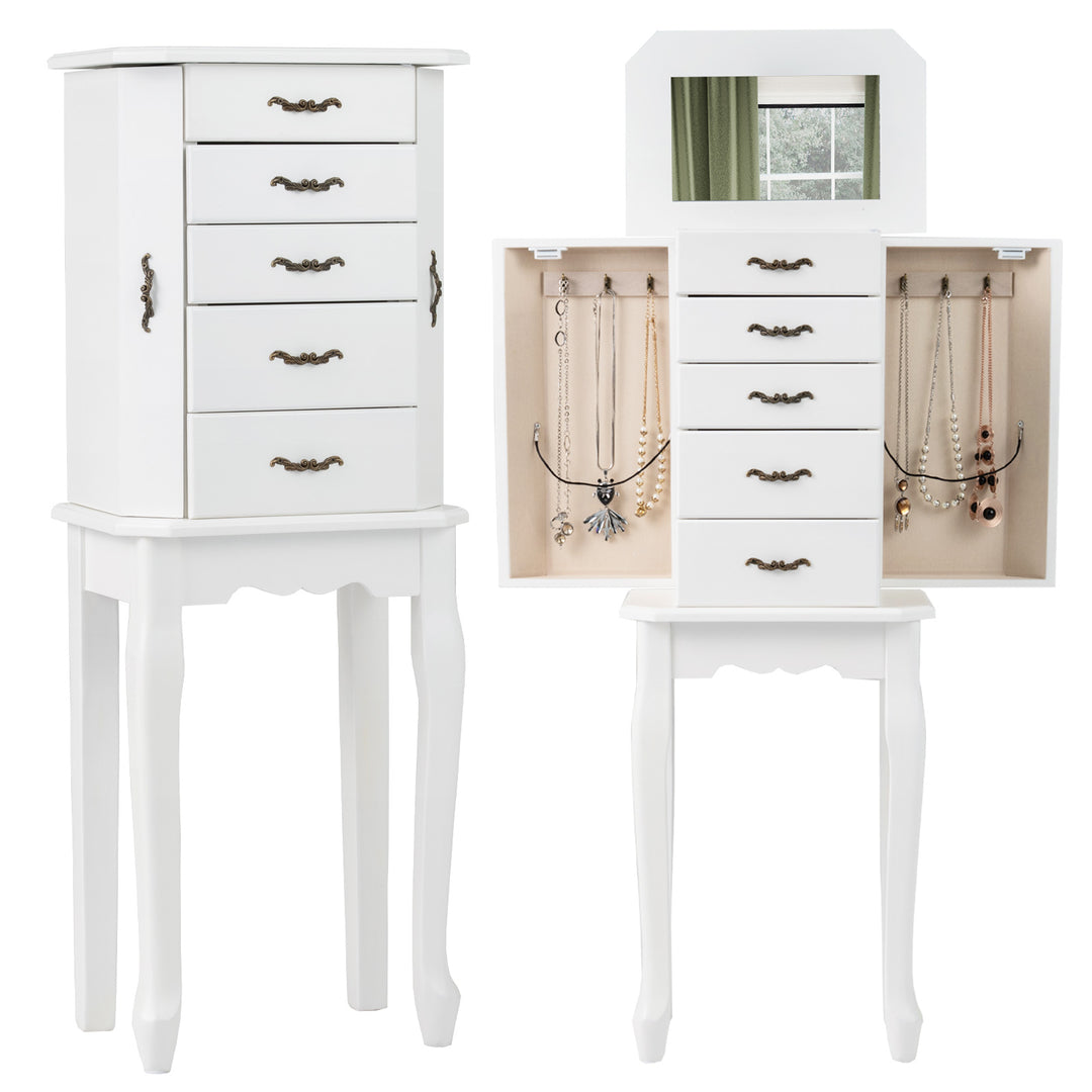 CHARMAID Standing Jewelry Organizer Cabinet with 4 Drawers, Top Storage Tray with Ring Slots, 2 Side Doors