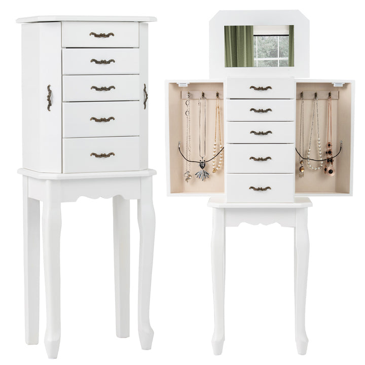CHARMAID Standing Jewelry Organizer Cabinet with 4 Drawers, Top Storage Tray with Ring Slots, 2 Side Doors