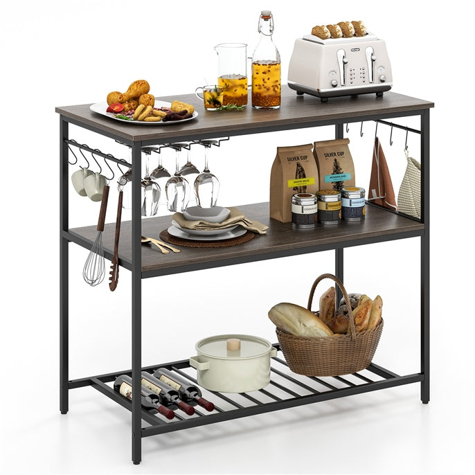 Giantex Kitchen Baker Rack with 3 Tier Storage Shelves, 10 Hooks, Glass Holder, 40" Stationary Island with Spacious Worktop