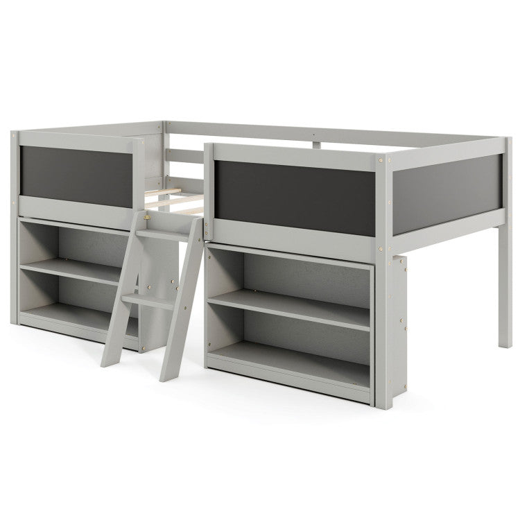 Giantex Low Loft Bed Twin Size, Wooden Loft Bed with Ladder &amp; Blackboard