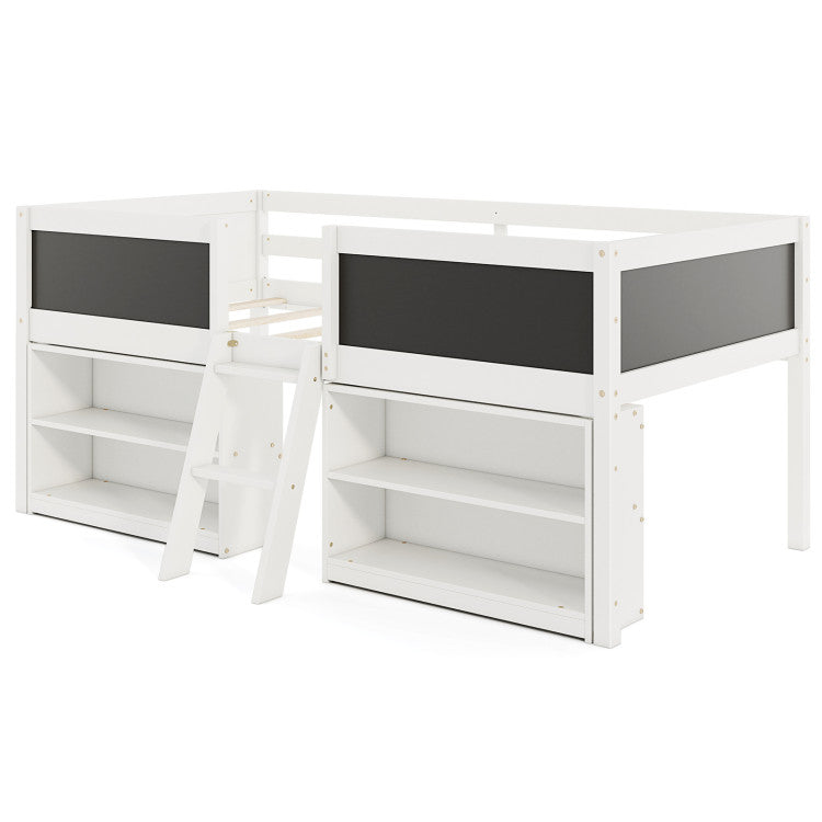 Giantex Low Loft Bed Twin Size, Wooden Loft Bed with Ladder &amp; Blackboard