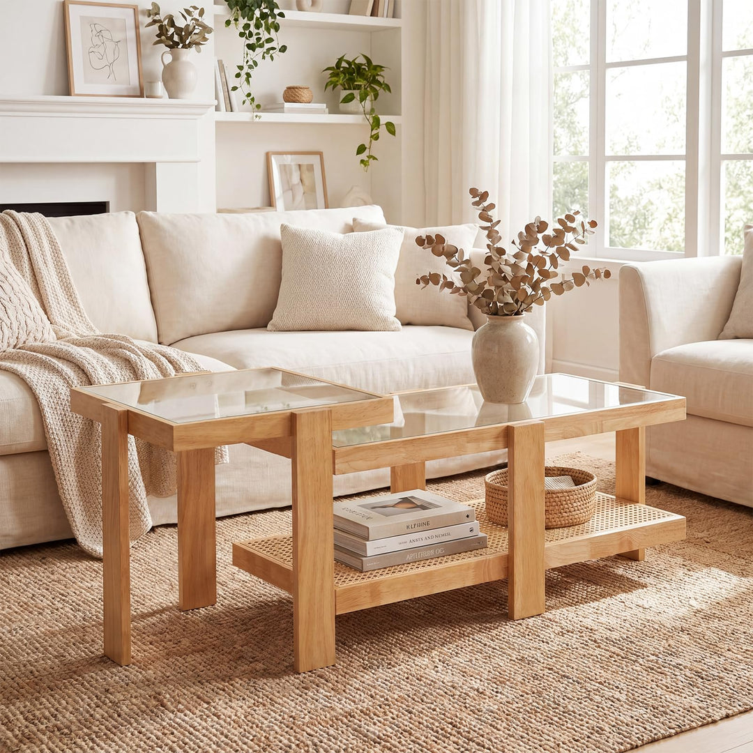 Giantex Nesting Coffee Table Set of 2 with Tempered Glass Top &amp; Solid Rubber Wood Frame